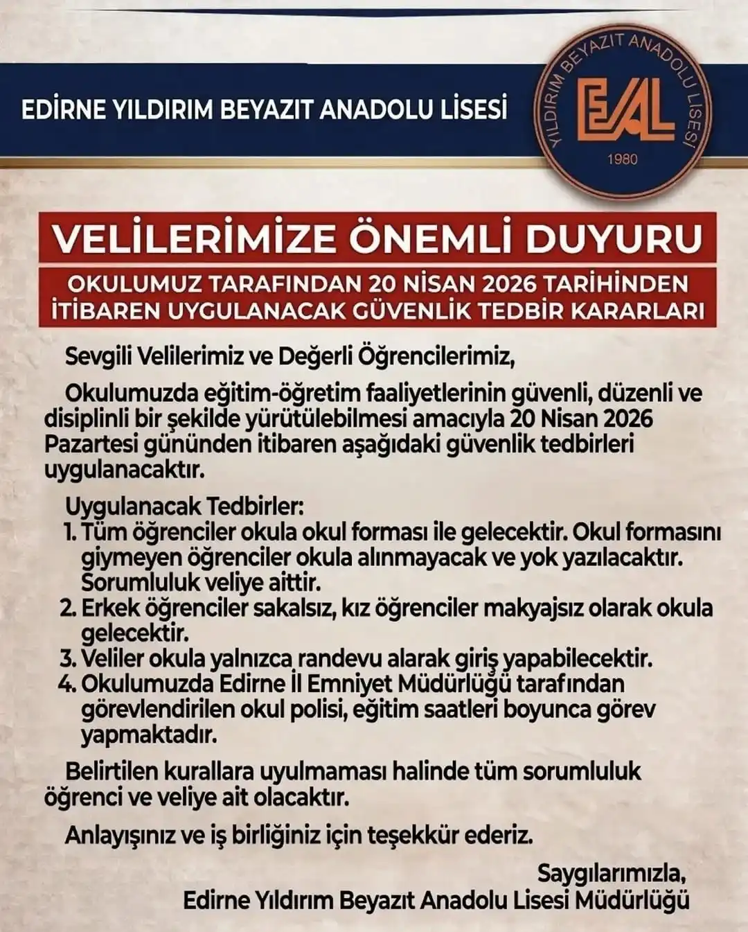 Okuldan Velilere Duyuru