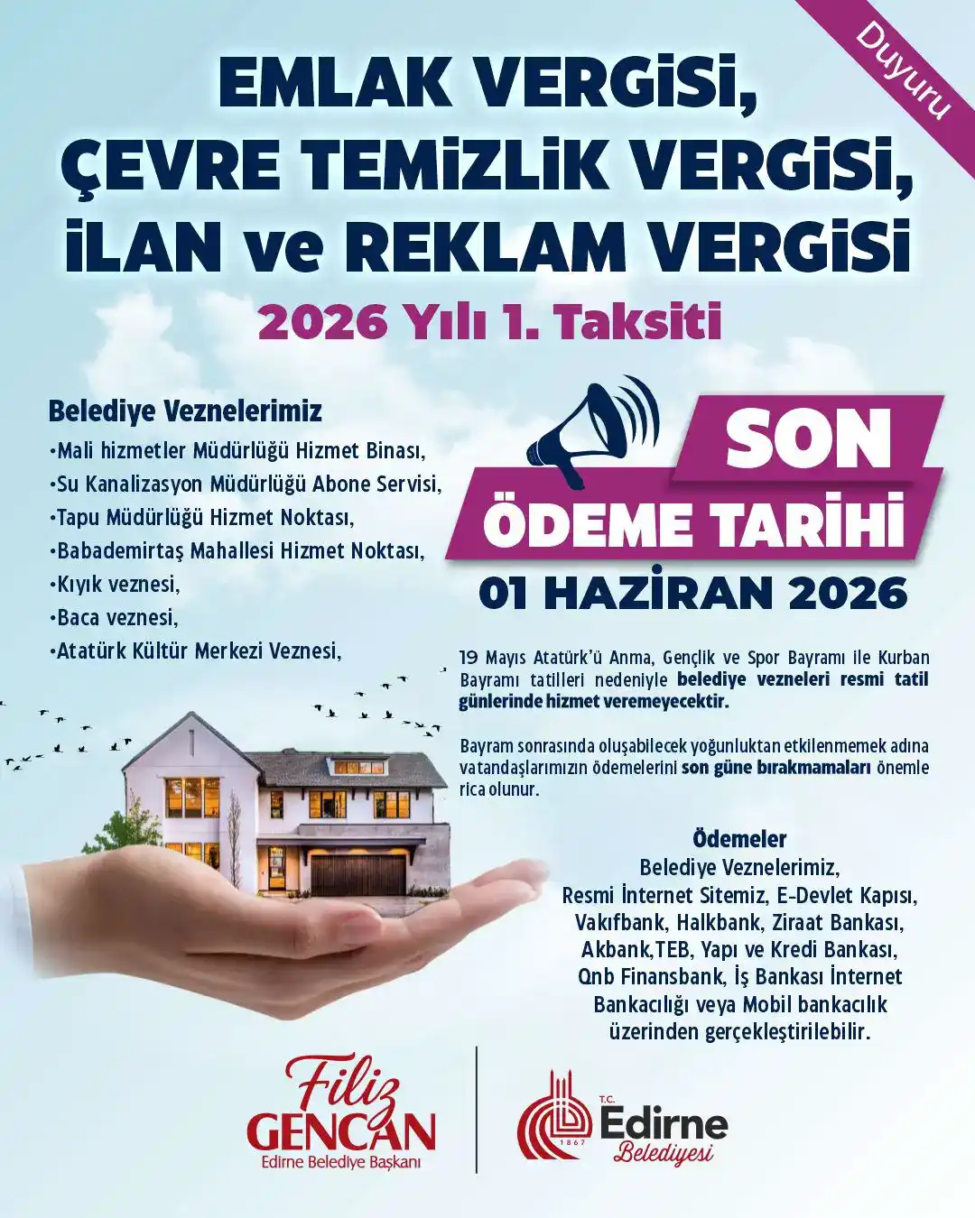 2026 Yılı Vergi Ödemeleri 1. Taksit Dönemi Hakkında Duyuru