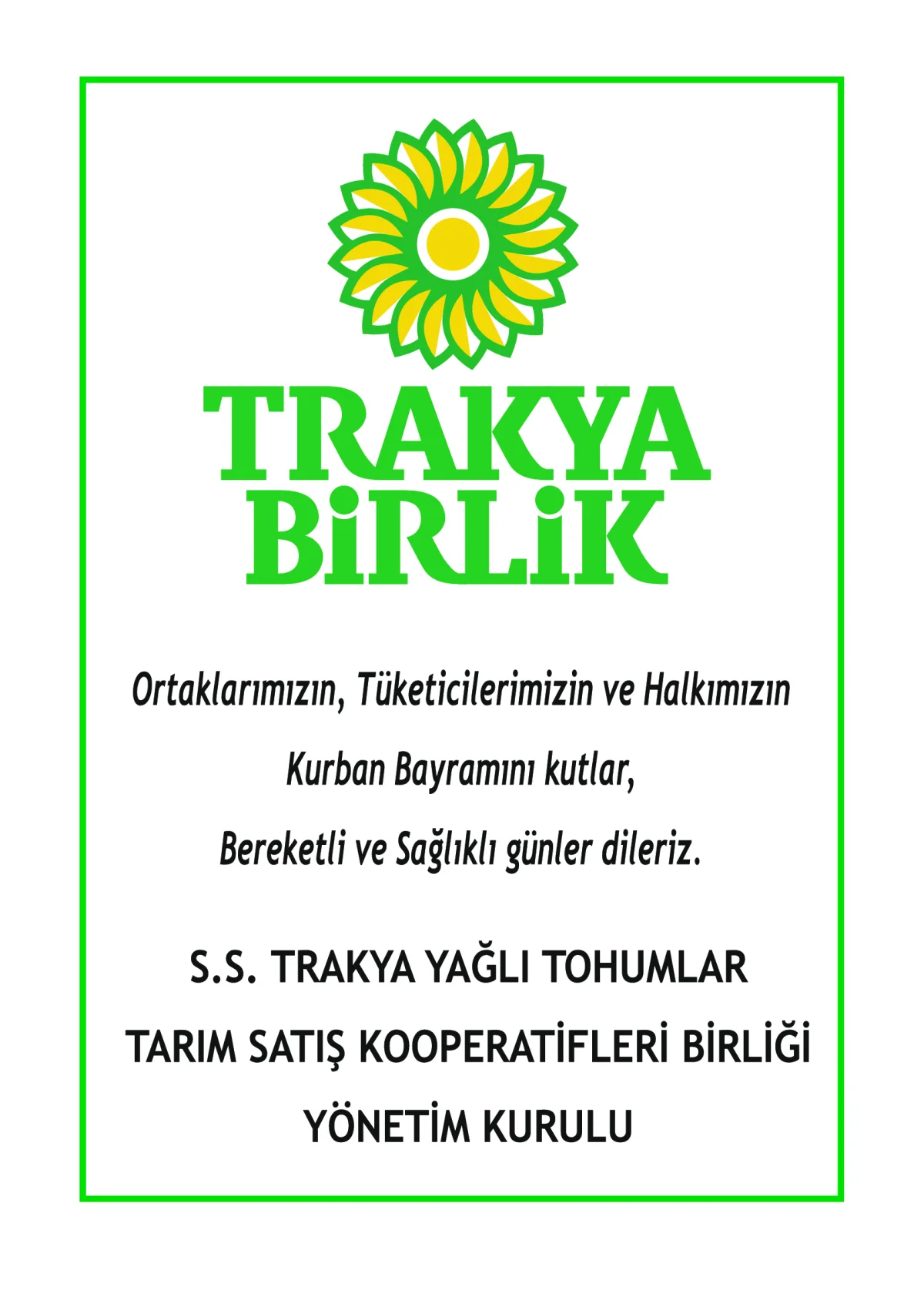Trakya Birlik Kurban Bayramı İlanı 2026