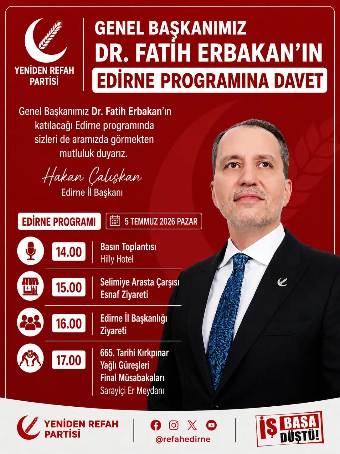 Fatih Erbakan Edirne’ye Geliyor: Program Açıklandı