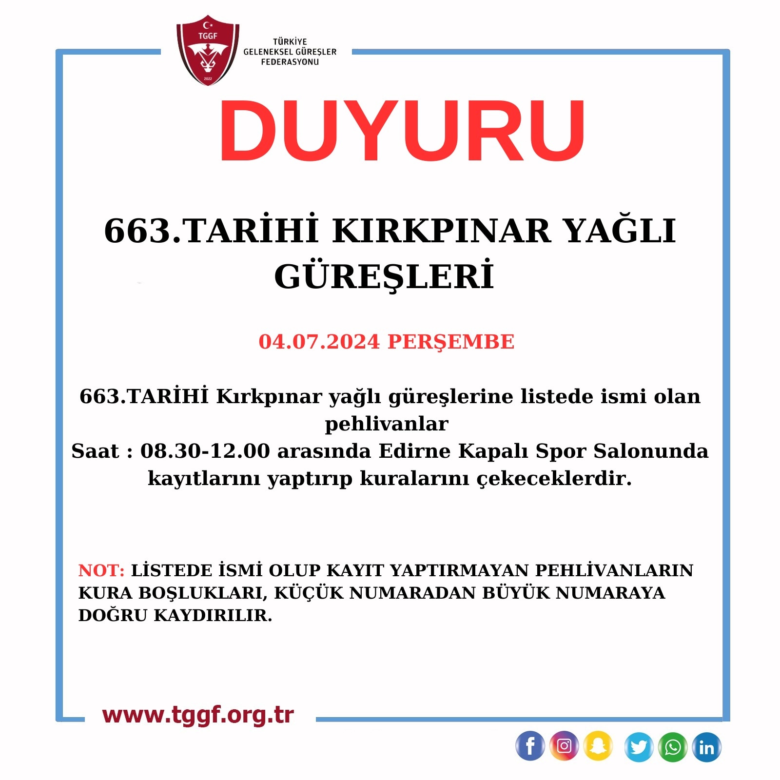 Federasyondan pehlivanlara kura duyurusu!