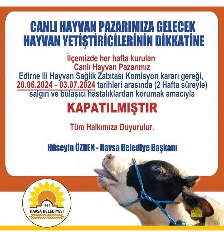 Canlı hayvan pazarı 2 hafta kapalı
