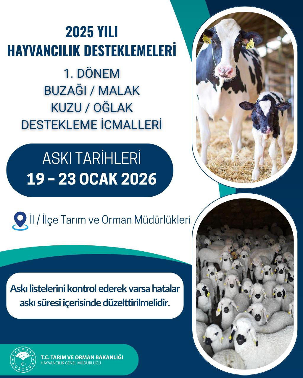 Buzağı, Kuzu ve Oğlak Destekleme İcmalleri Askıya Çıktı