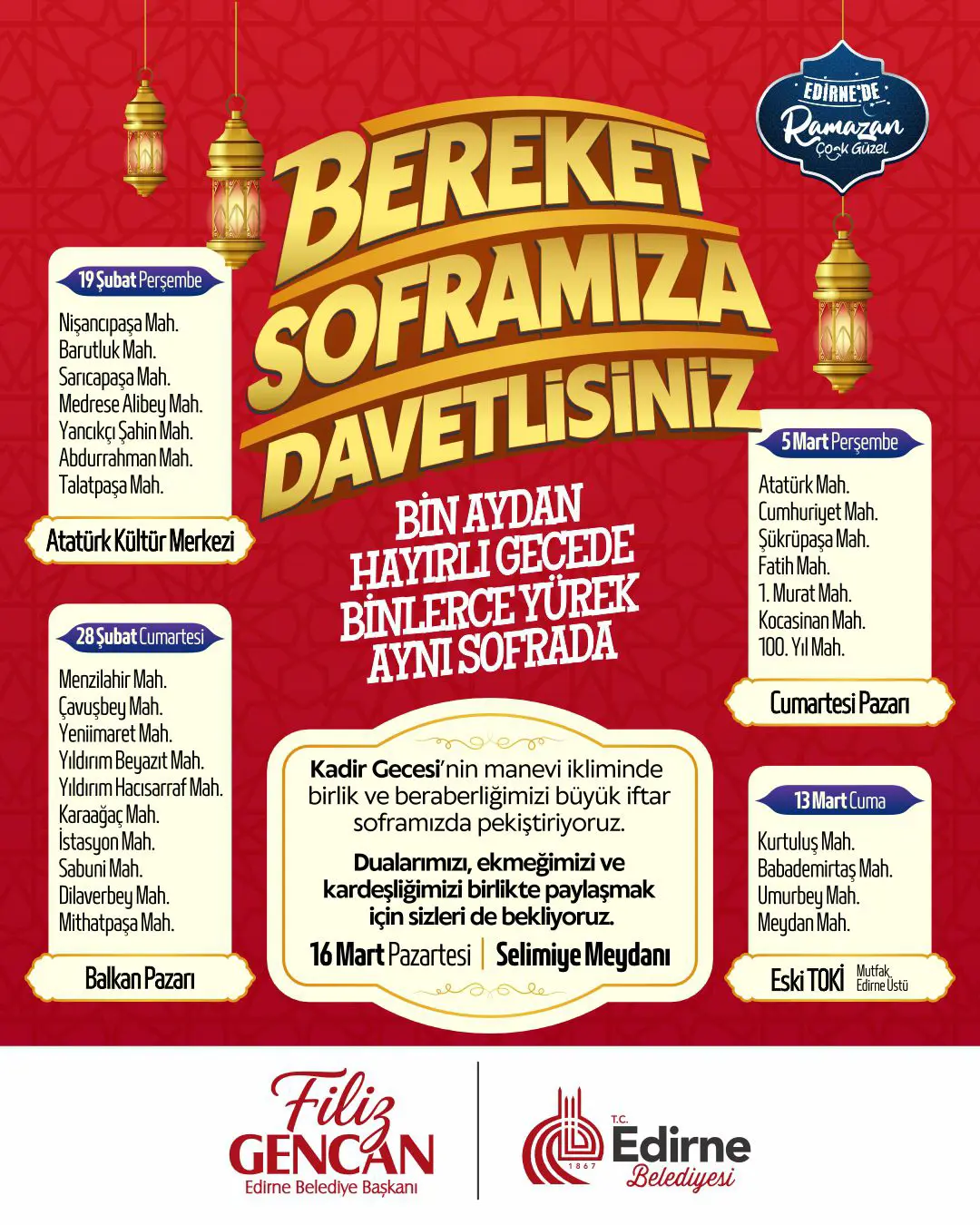 Edirne Belediyesi’nin Ramazan İftar Programı Takvimi Açıklandı
