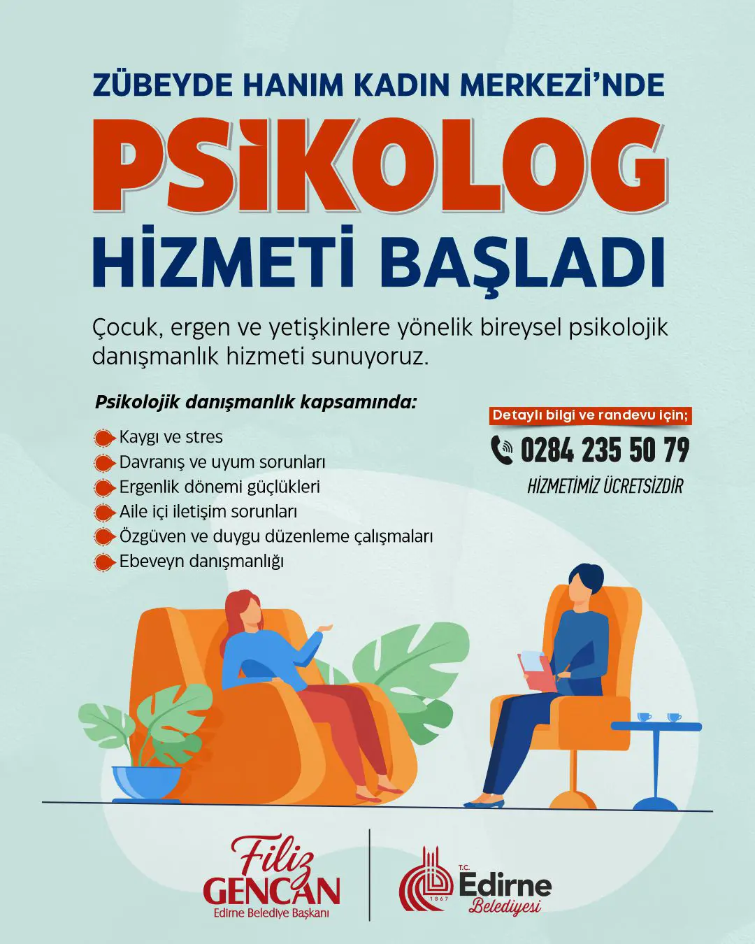 Zübeyde Hanım Kadın Merkezi’nde Ücretsiz Psikolog Hizmeti Başladı!